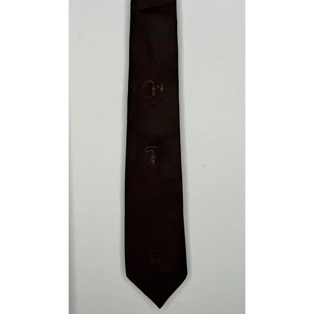 1950s Countess Mara Brown Silk Fisherman Novelty Tie Wide Necktie NWT